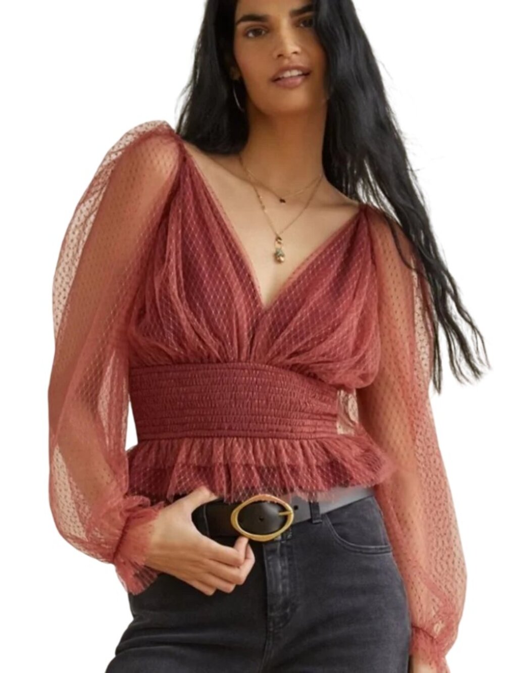 Anthropologie Tulle V-Neck Blouse Sheer Long Sleeve Pink Medium
